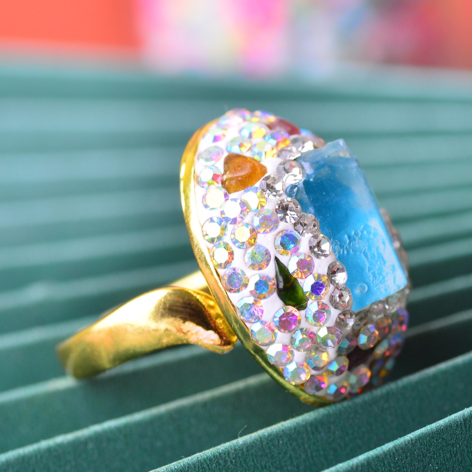 Aquamarine ring, alloy inlaid with handmade gemstone jewelry Energy Crystal