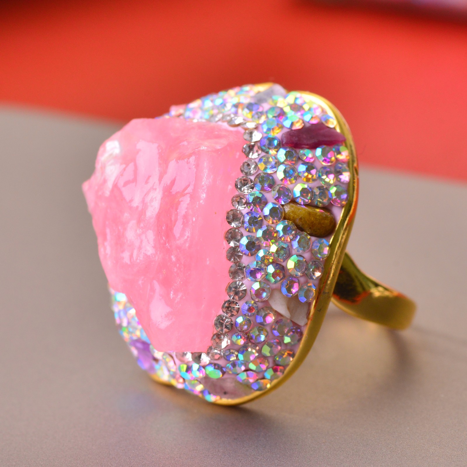 pink quartz ring, alloy inlaid with handmade gemstone jewelry Love Stone