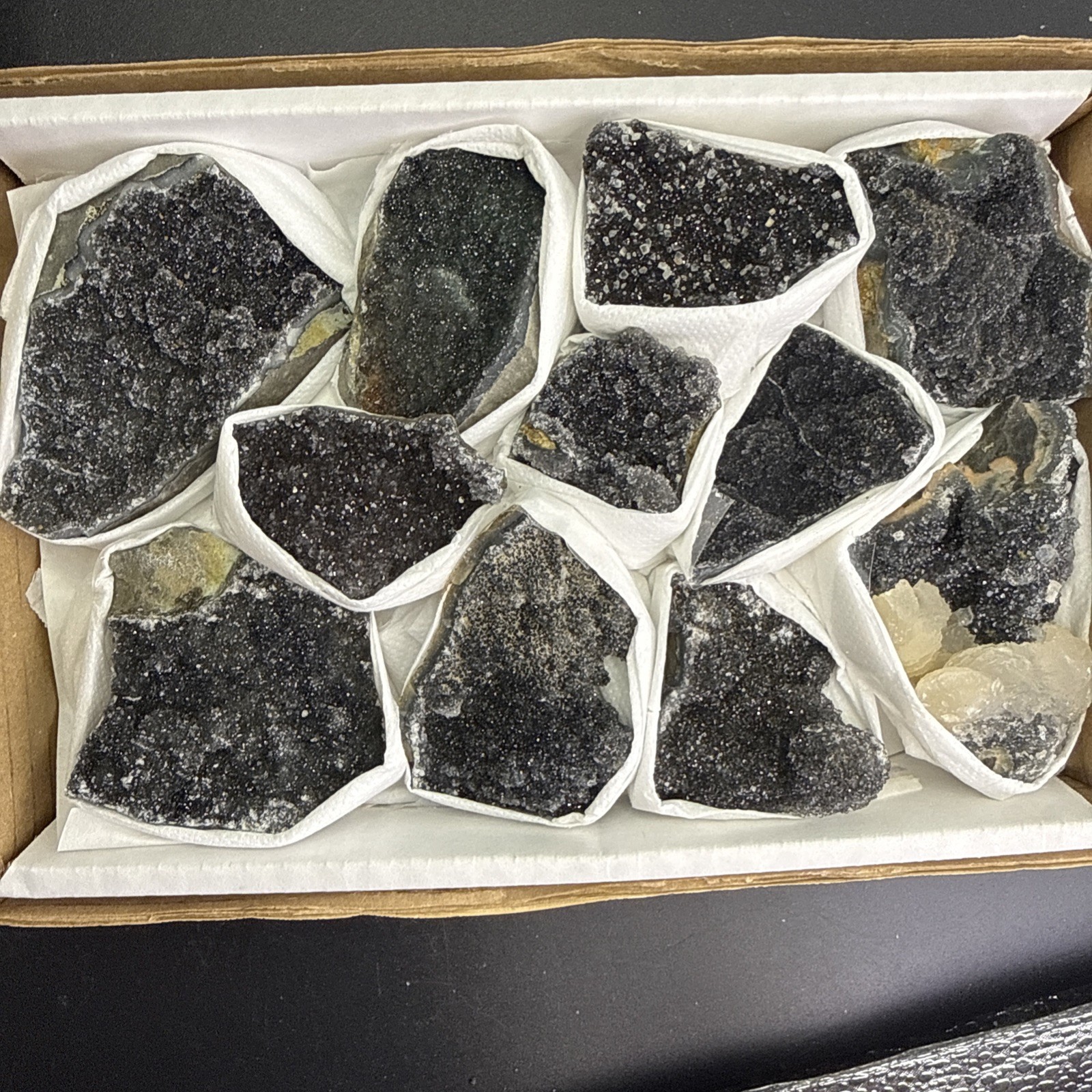 Natural Black Amethyst Zeolite With Calcite Flat! Whole Box! Crystals! Specimen!