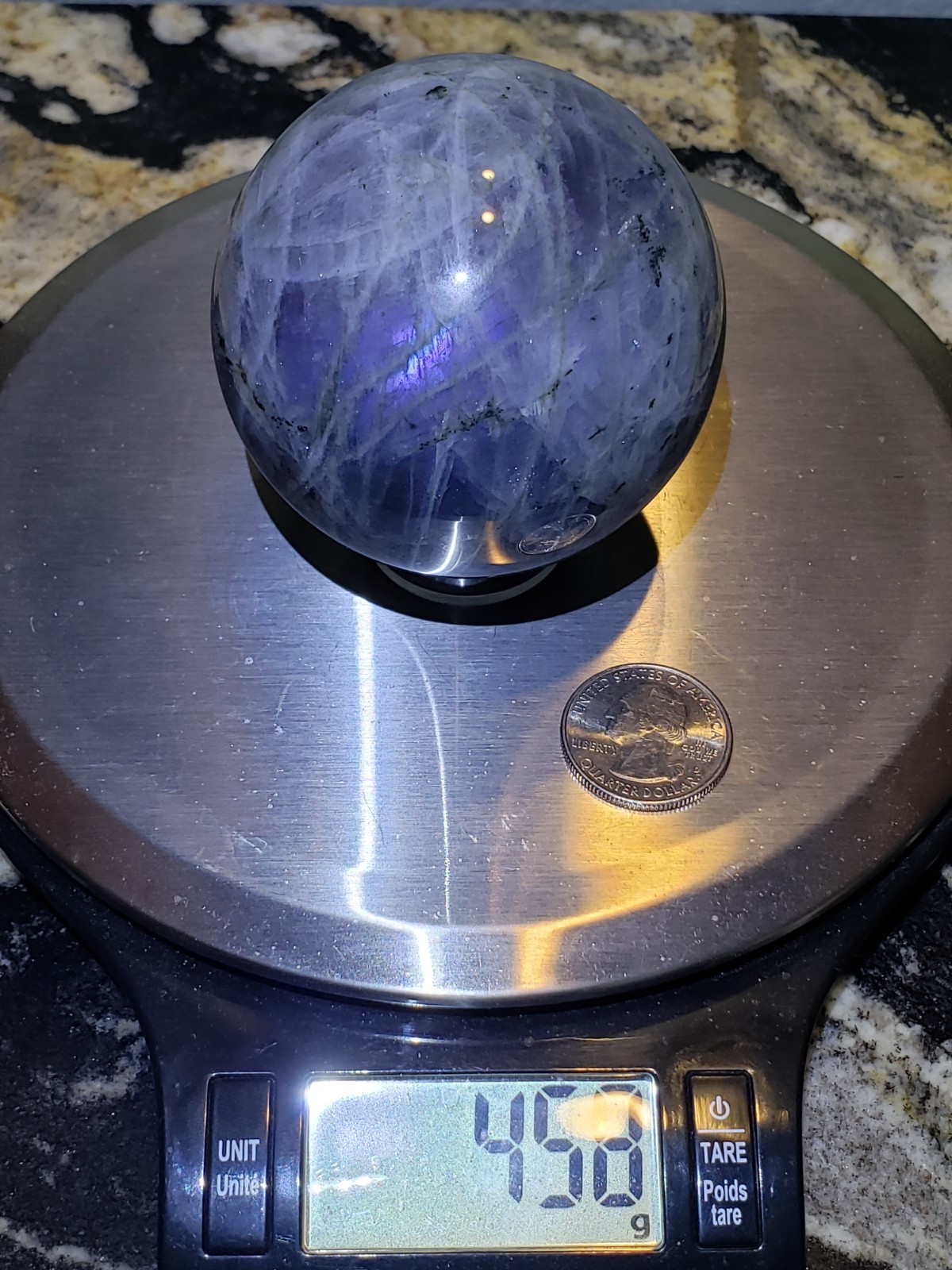 2.7″ Labradorite Mineral Crystal Iridescence Sphere Ball Orb Flash, 458g or 1 lb