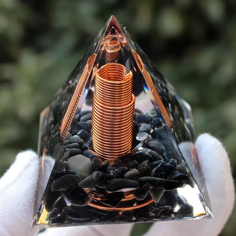 Spiral Copper Orgonite Pyramid Obsidian Orgone Healing Crystal Energy Meditation