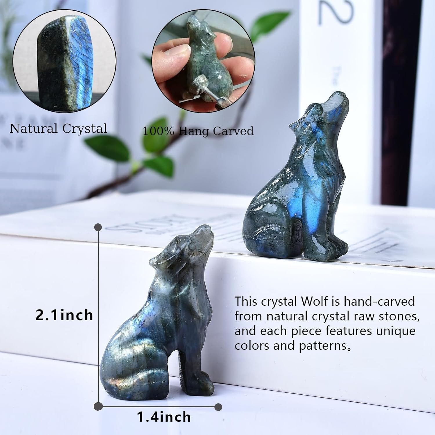 2.1 Inch Labradorite Wolf Crystal Statue, Wolf Totem Figurines Stone Energy G…