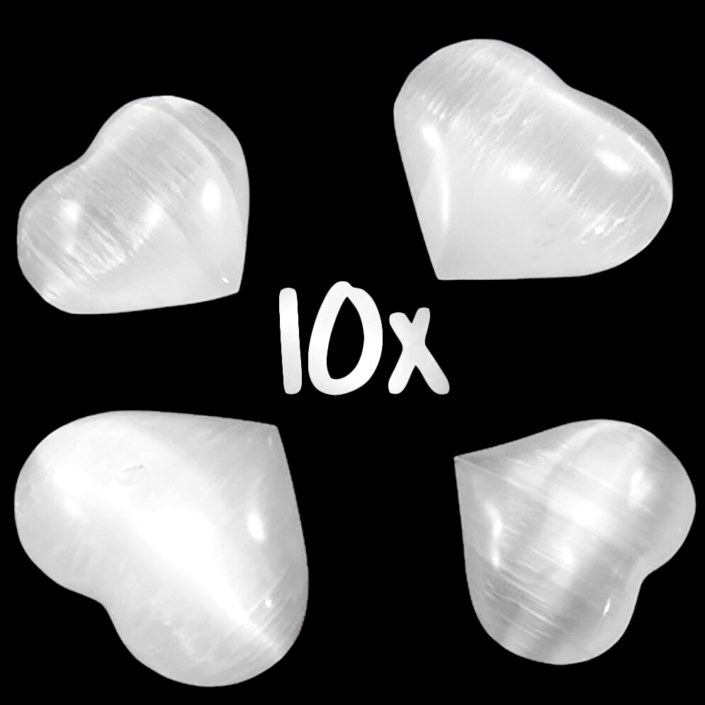 XL Polished Natural Selenite Crystal Hearts LOT of 10 Puffy Carved Stones BULK