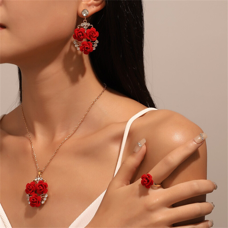 Women’s Fashion Jewelry Set Red Roses Flower Gold Earrings Ring Necklace Suit
