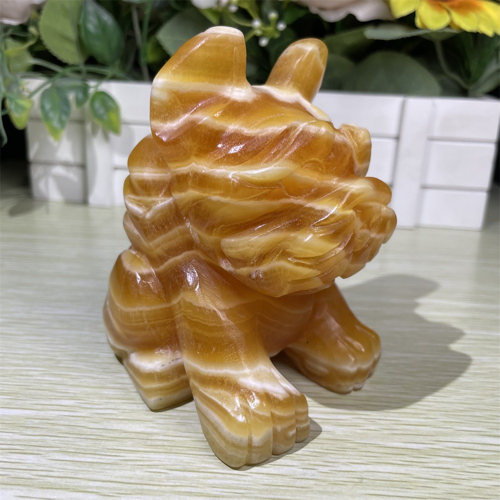 1.7LB 4.1″ Natural Yellow Calcite Dog Quartz Crystal Carving Reiki Home Gift