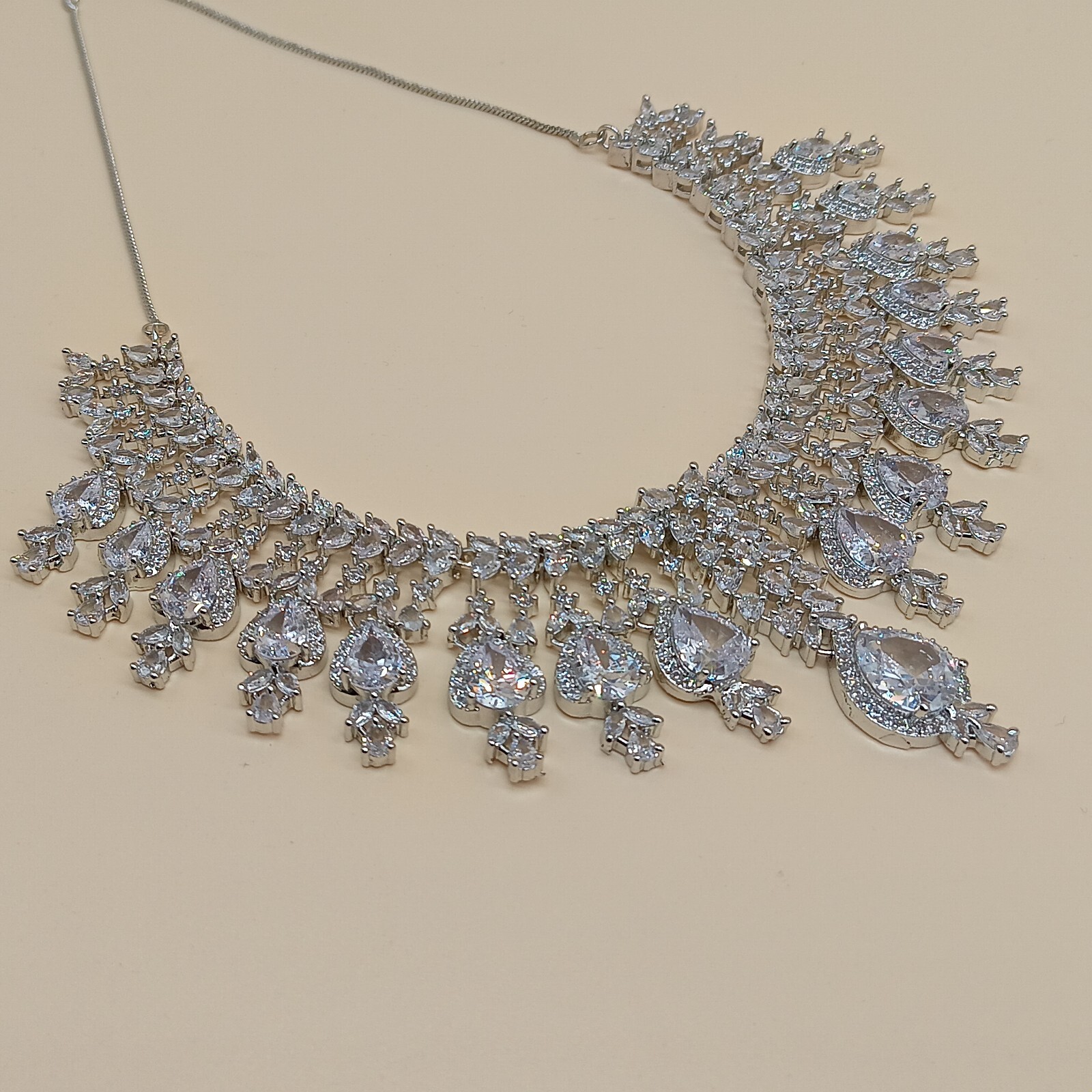 “Luxury Bridal Choker Necklace & Long Earrings Set | Silver Plated CZ Crystalset