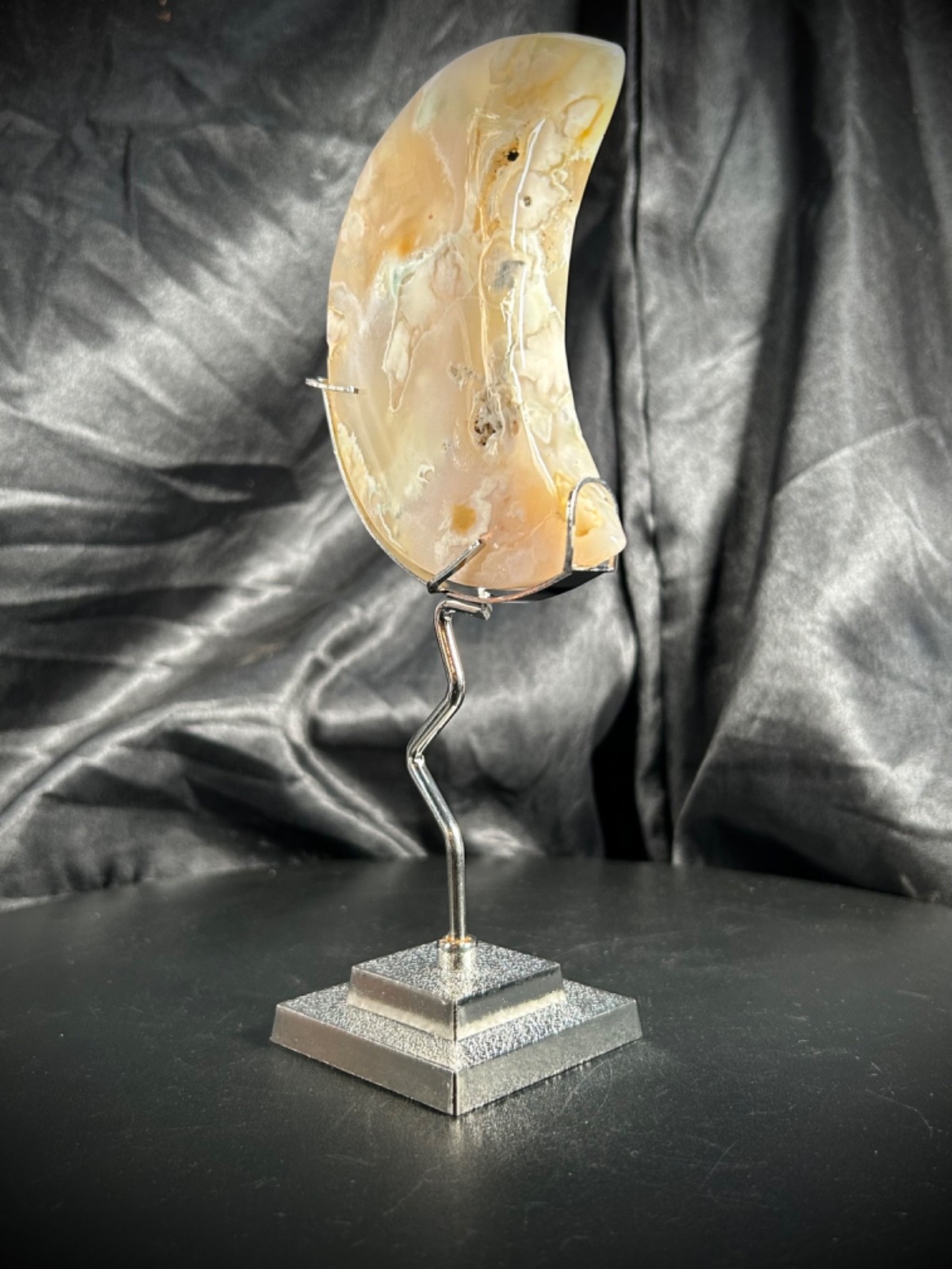 3.68″ Flower Agate Moon With Metal Stand 5.5oz (155 grams)