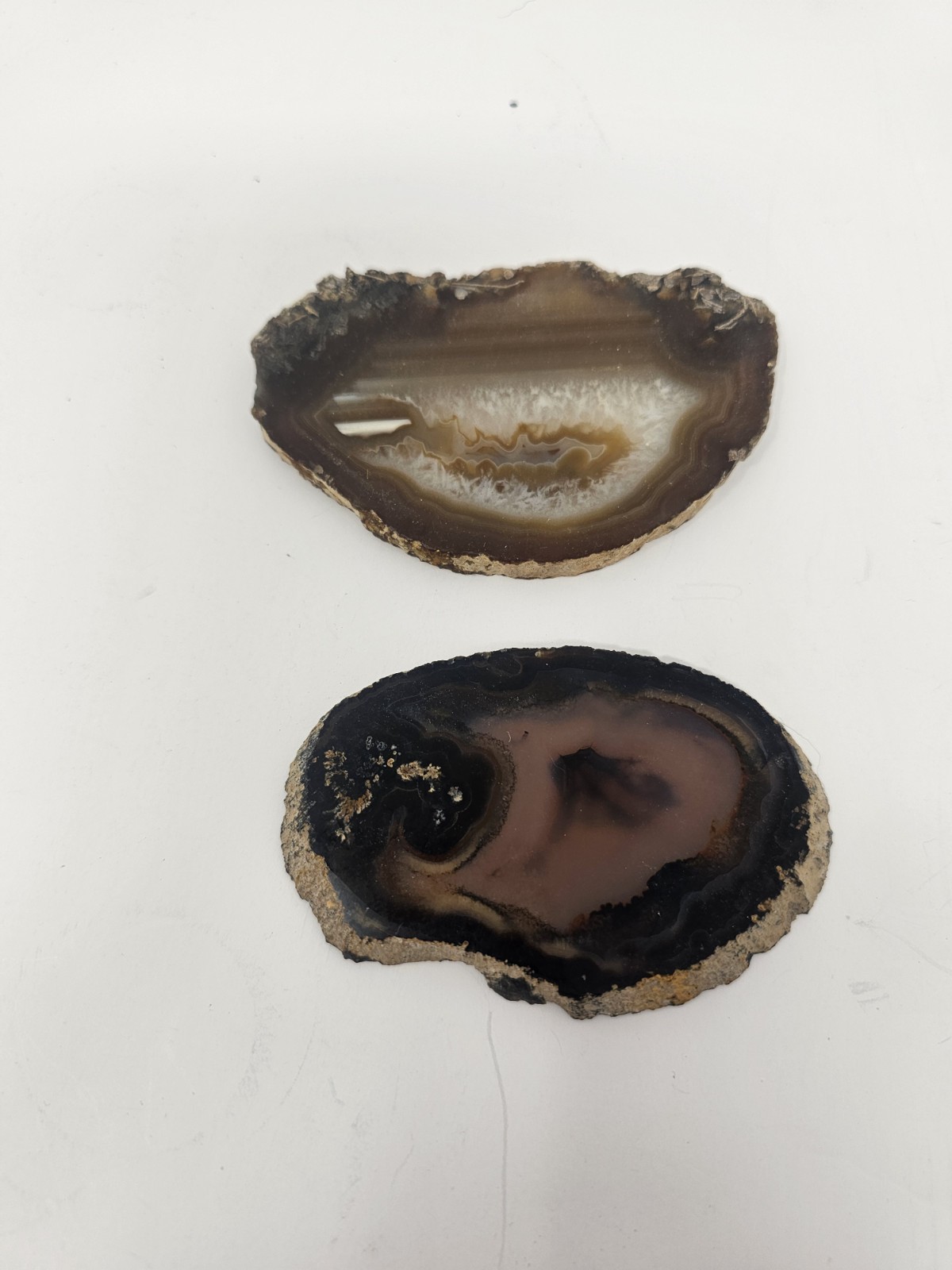 2 Natural Agate Geode Slices Approx. 5″ Long Browns Grays Dark Blue Colors