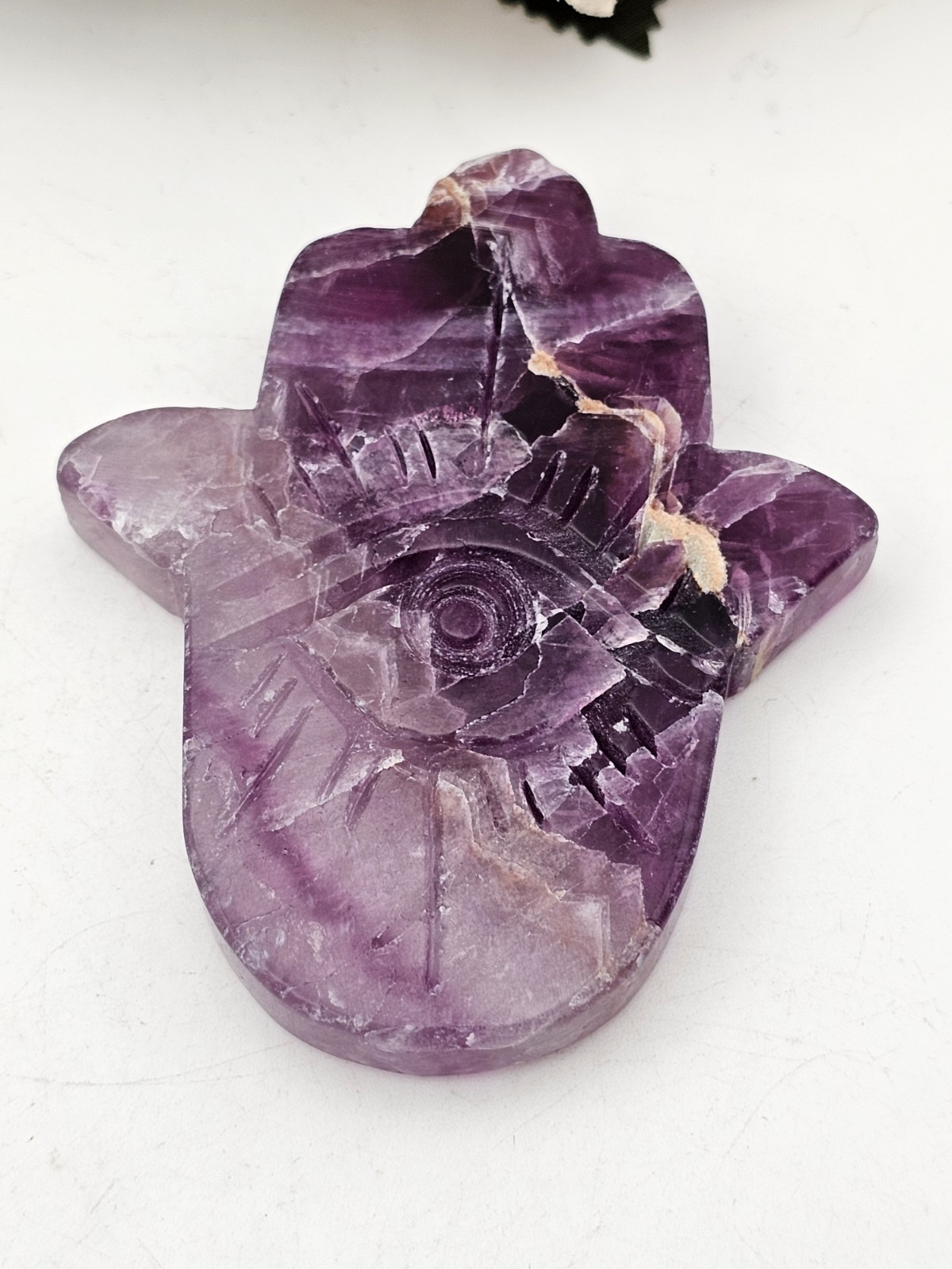 Purple Rainbow Fluorite Hamsa Hand crystal Carving 7.8cm 91g