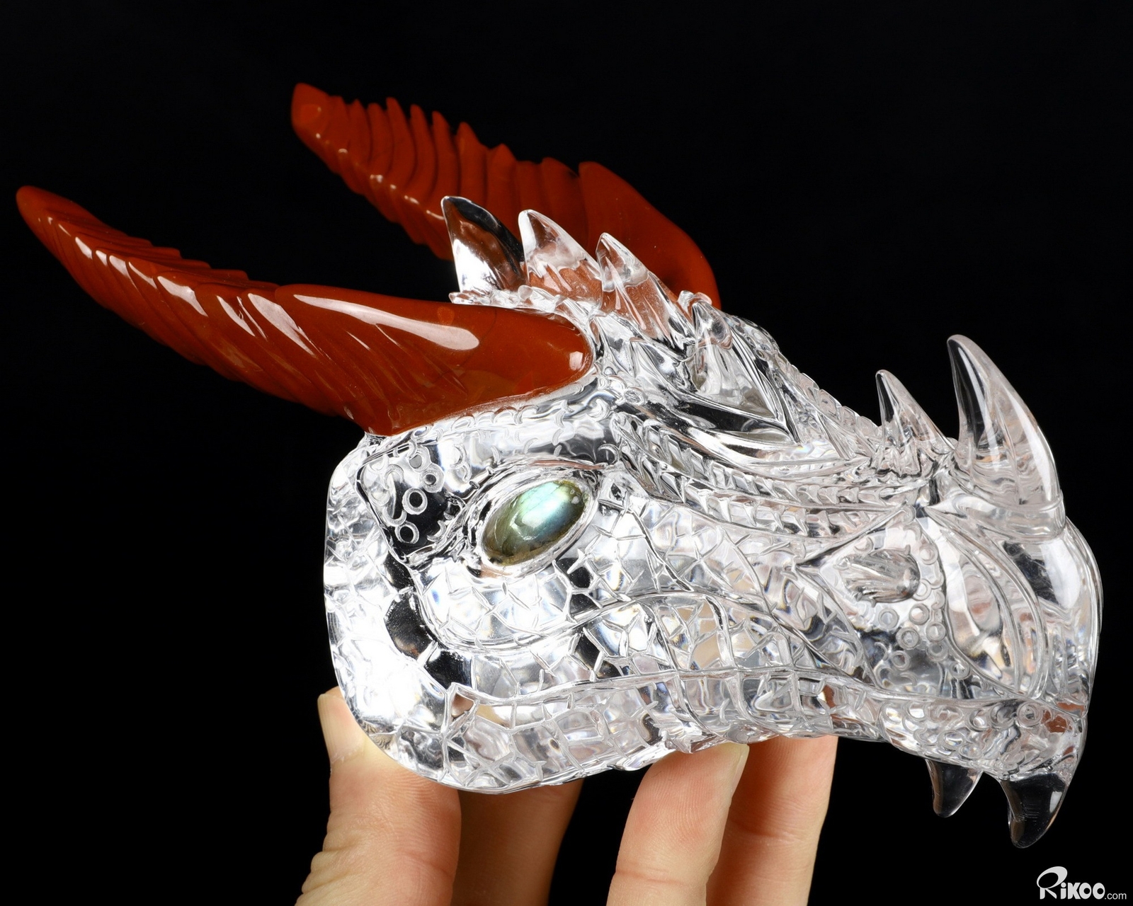 6.7″ K9 Crystal & Red Jasper Carved Crystal Dragon & Labradorite Eyes Sculpture