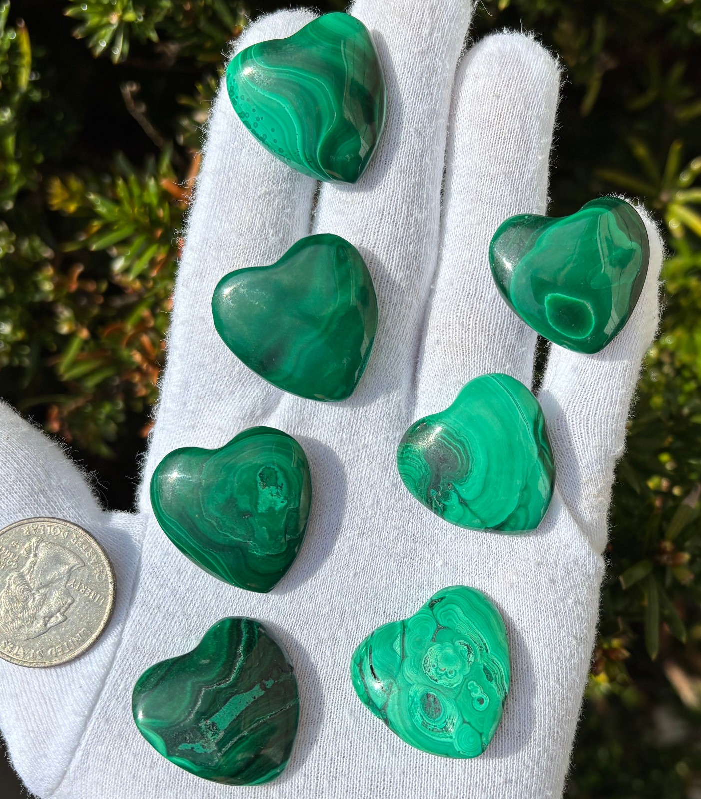 USA SALE 67g LOT 7 MALACHITE POLISHED SMALL HEARTS HEART POCKET PALMSTONE PALM