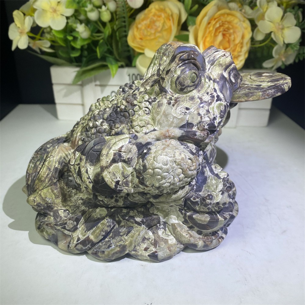 5.6LB 5.9″Natural A+Geode Money Agate Golden Toad Crystal Reiki Carving Decor