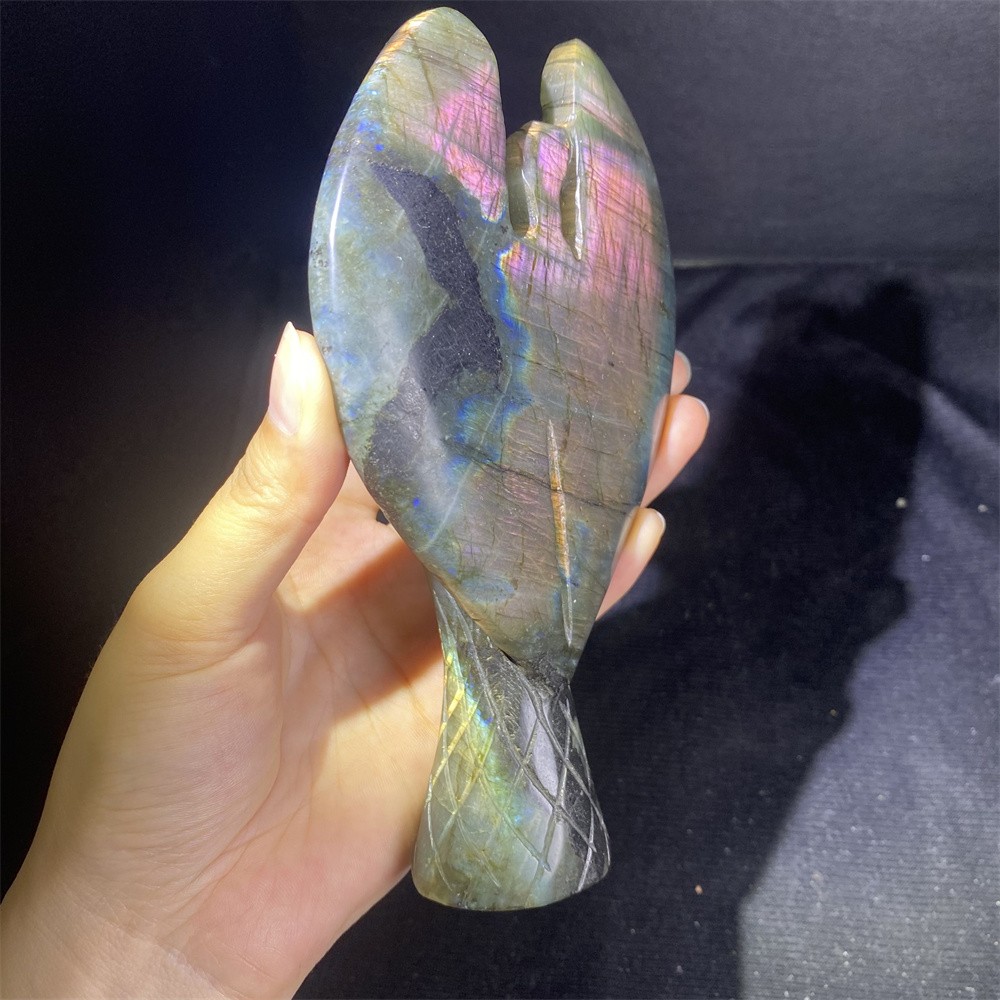 0.7LB 6″Natural A++Labradorite Angel Statue Crystal Reiki Carving Heal Decor