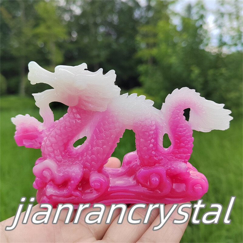 4″ Pink Luminous Stone Sculpture Dragon Resin Decor Skull Chinese Dragon 1pc