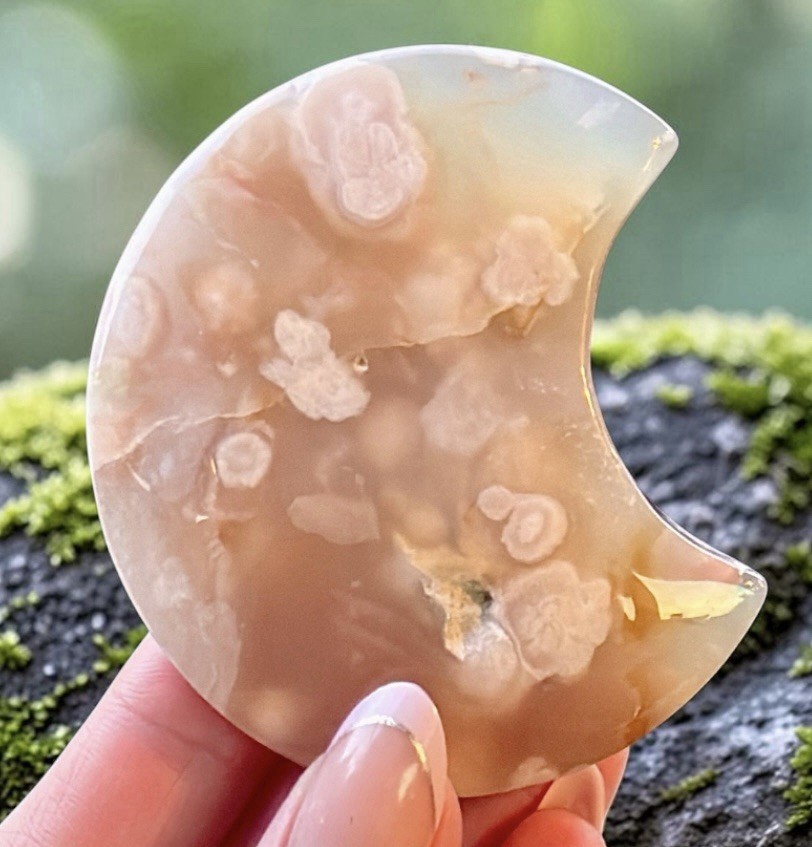 Pink Flower Agate Crescent Moon Set Aura Rose Quartz Heart Crystal Bundle 4pc
