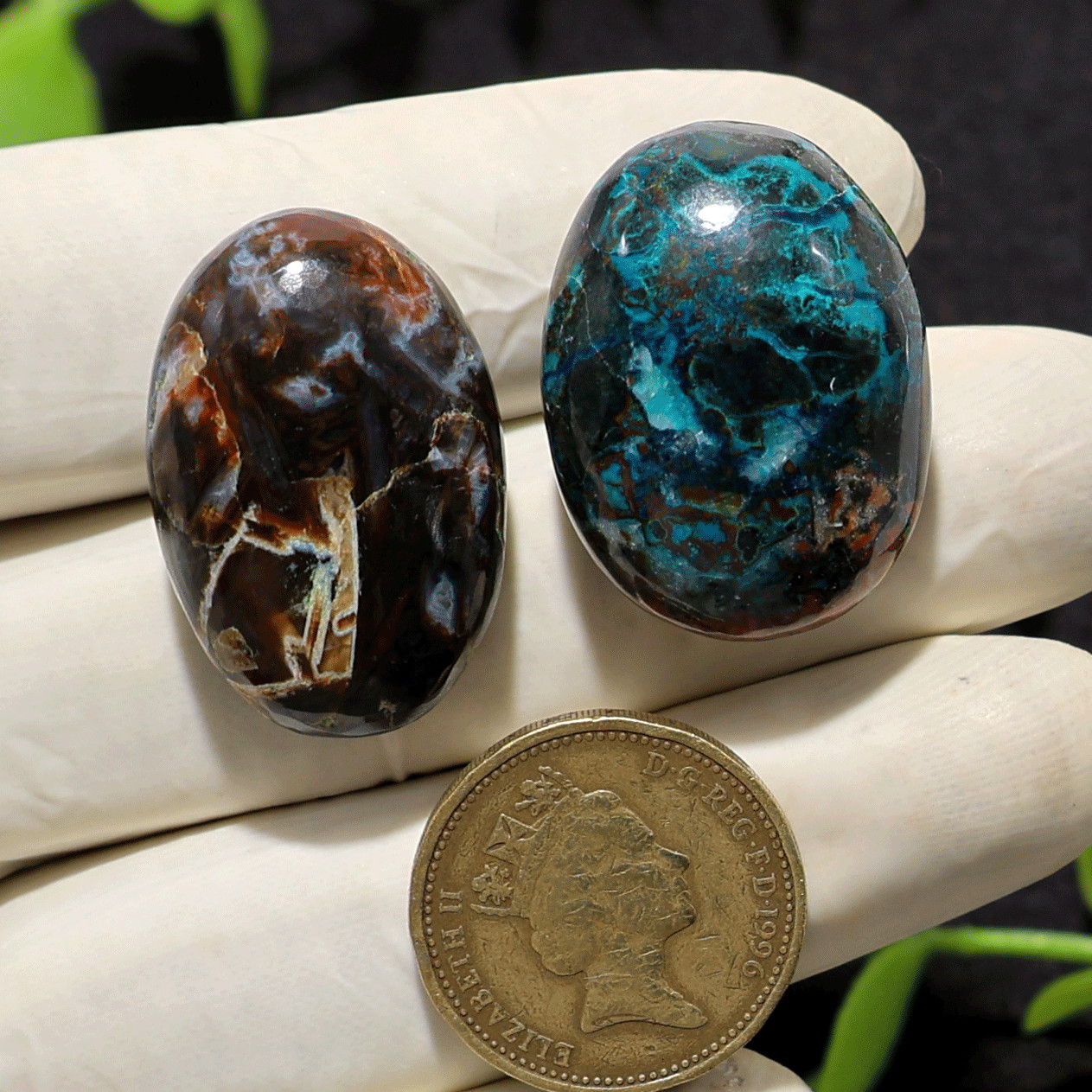 Earth & Ocean Pocket Pair • Turkish Agate & Azurite Palmstones Natural Crystals