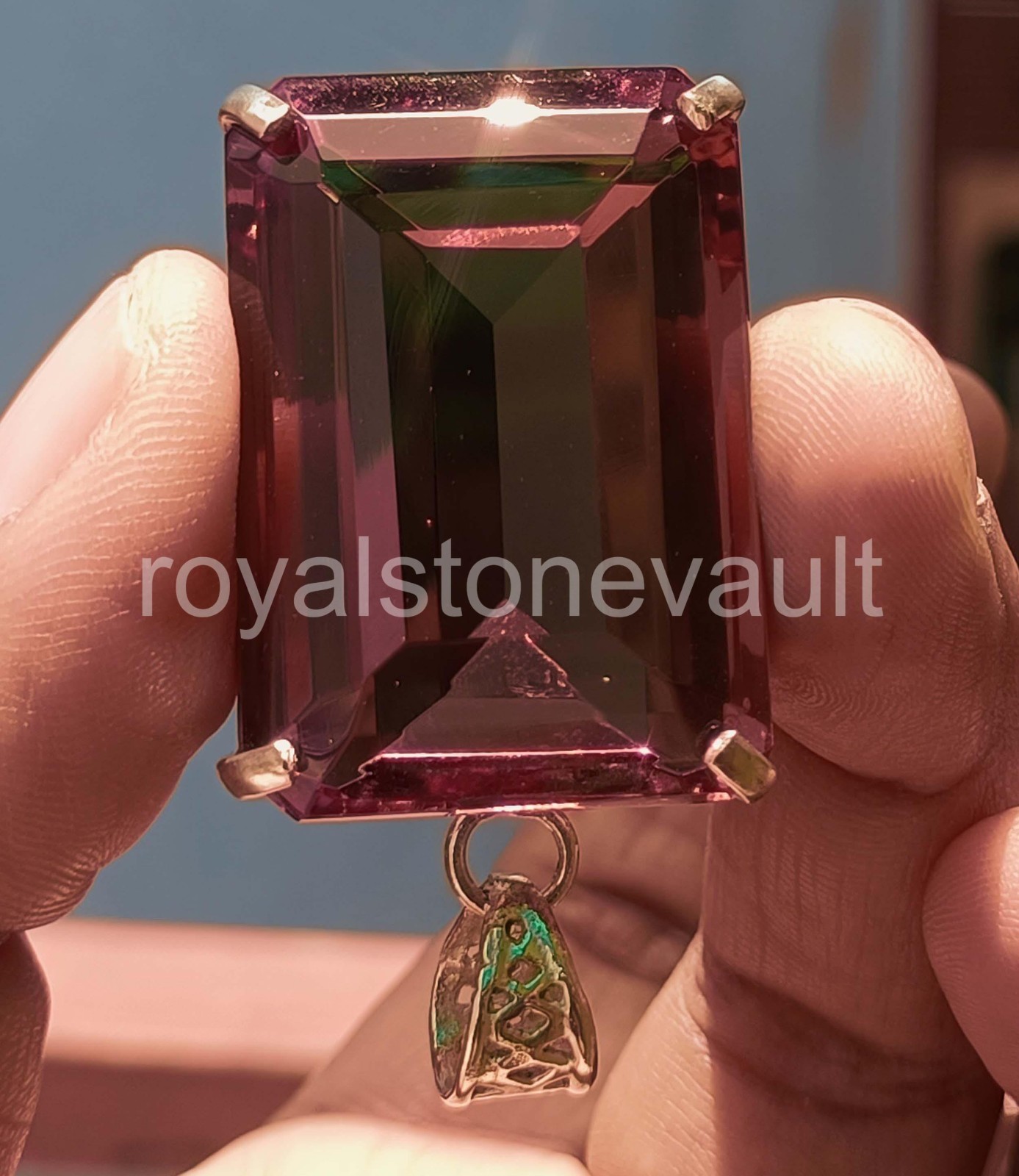 120Ct Natural Color Change Alexandrite Emerald Shape 925 Pendant Silver IGL 6YNY