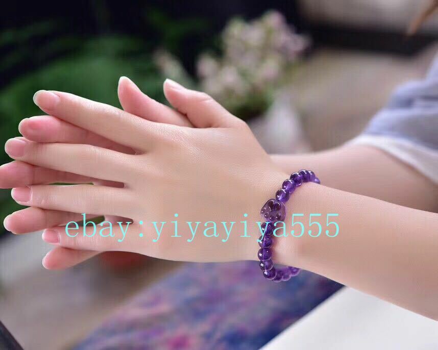Natural Purple Amethyst Quartz Crystal Beads Bracelet With Carved Cat Paw Claw
