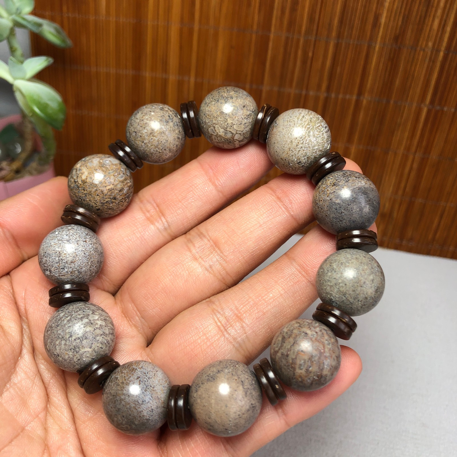16+mm Natural dinosaur bone gemstone Crystal chain bracelet Specimen A9176