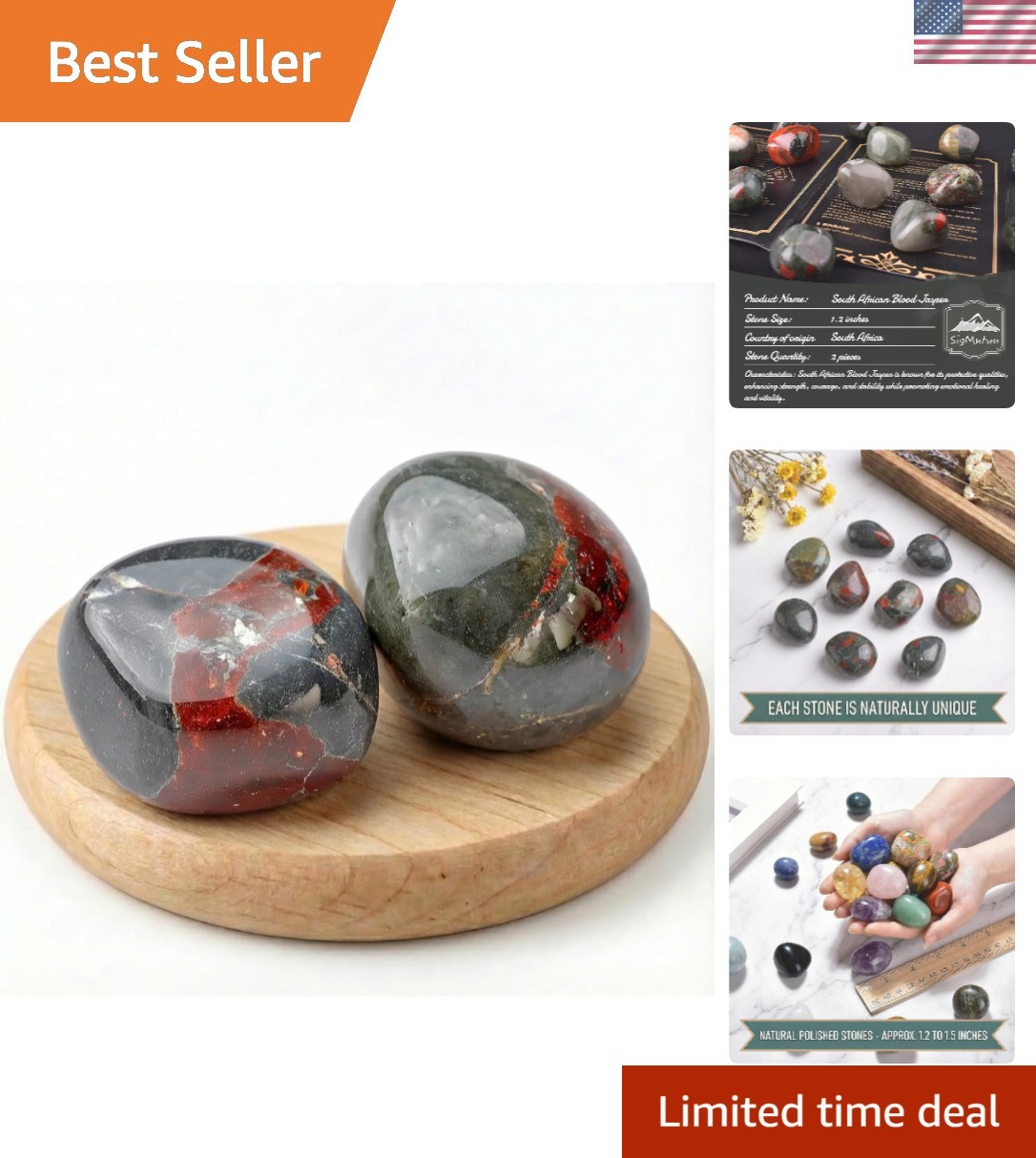 2Pcs Bloodstone Jasper Palm Stone Rock Crystal Healing Reiki Polished Worry