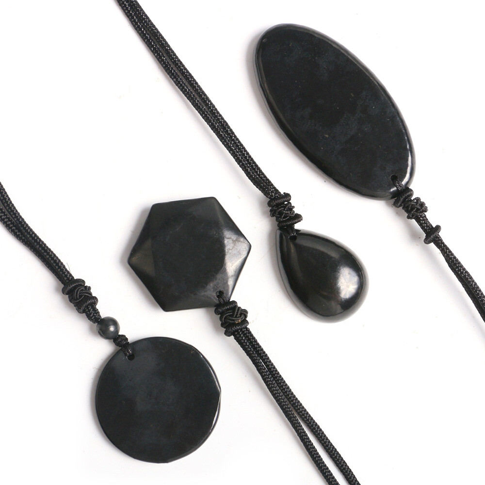 Shungite Stones Crystal Necklace Rope Pendant Reiki Healing Protection EMF Gift