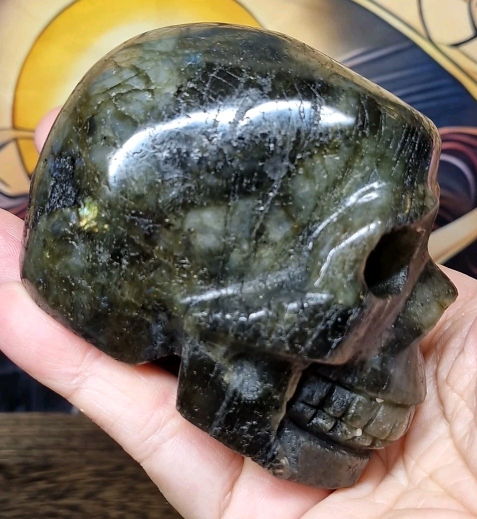 Dark Green Labradorite Crystal Human Skull Carving 84x62mm 436g