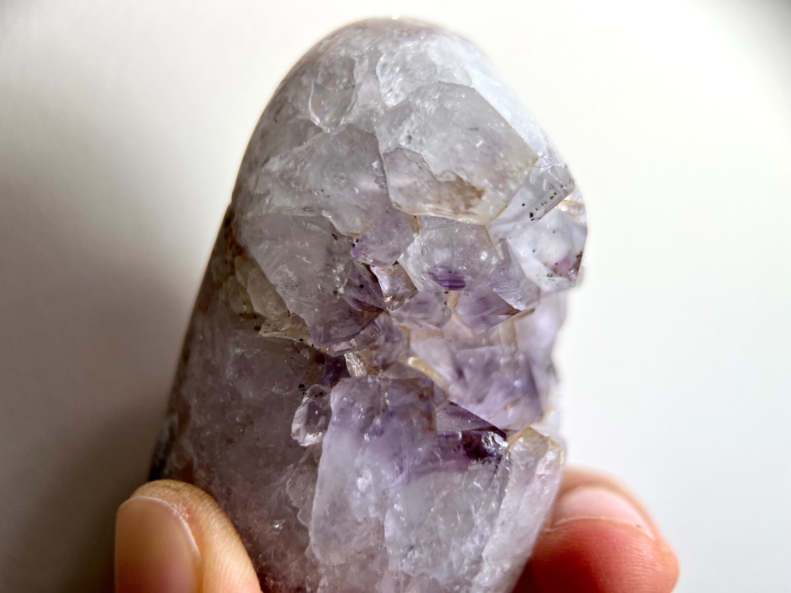 Natural cute light purple amethyst geode crystal, hematite inclusion & rainbows