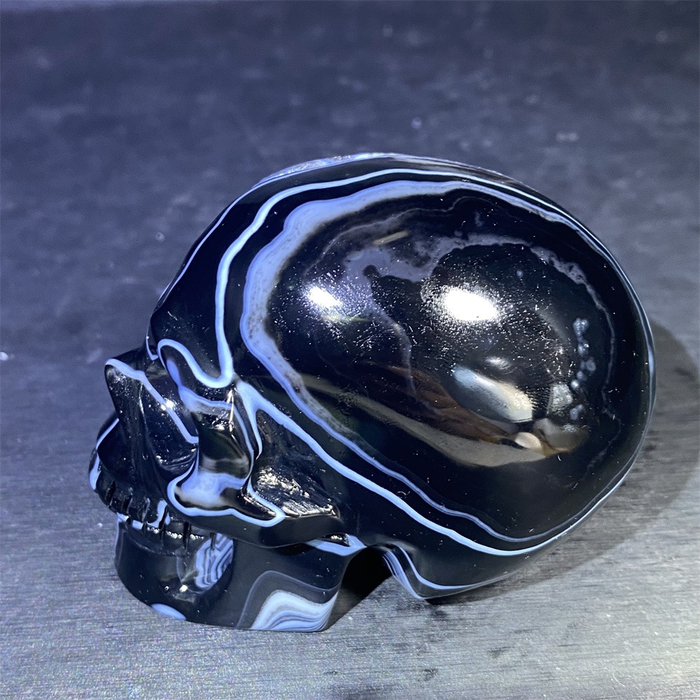 0.8LB 3.2″ A+Geode Black Sardonyx Agate Skull Statue Crystal Reiki Carving Decor