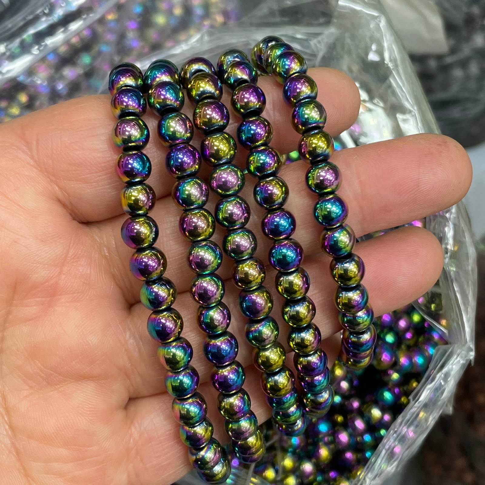 6mm 10pcs Wholesale Rainbow Hematite Beaded Stretch Bracelet