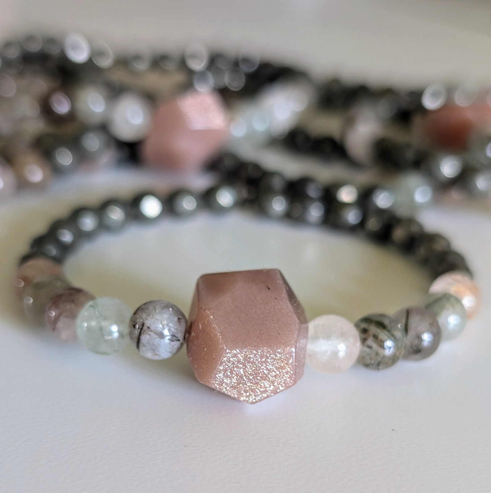 Sunstone Bracelet Size 6.25 Mixed Rutile & Pyrite 6mm Beads Matching Set of 2