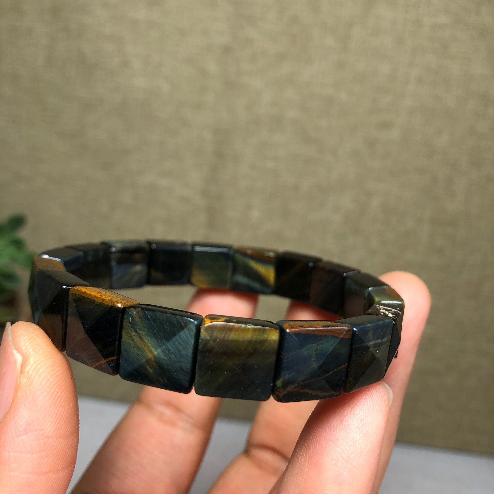 Rare Natural yellow blue tiger eye Crystal chain aspect beads bracelet 26g A4757