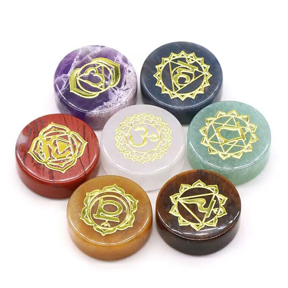 7pcs Natural Round Palm Stones Engraved Crystal Reiki Healing Chakra Symbols Set