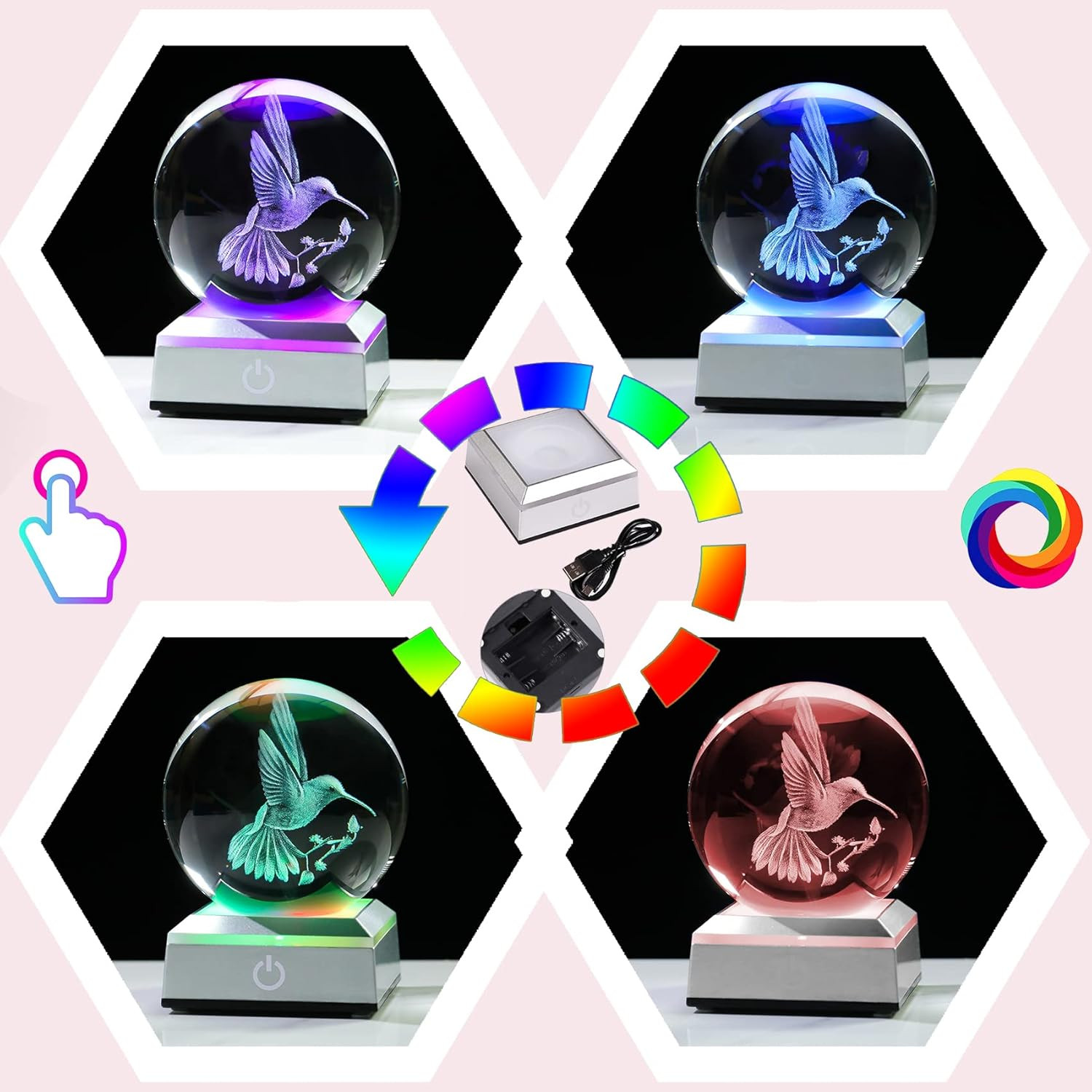 Crystal Ball 3D Engraved Hummingbird with LED Colorful Base, 3.15″ Glass Sphere