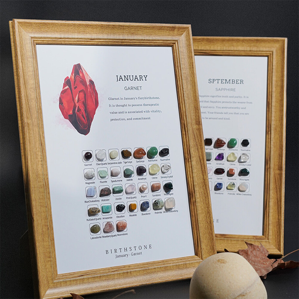 Birthstone 12 Months Birthday Stone Wood Photo Frame Crystal Healing Reiki gifts