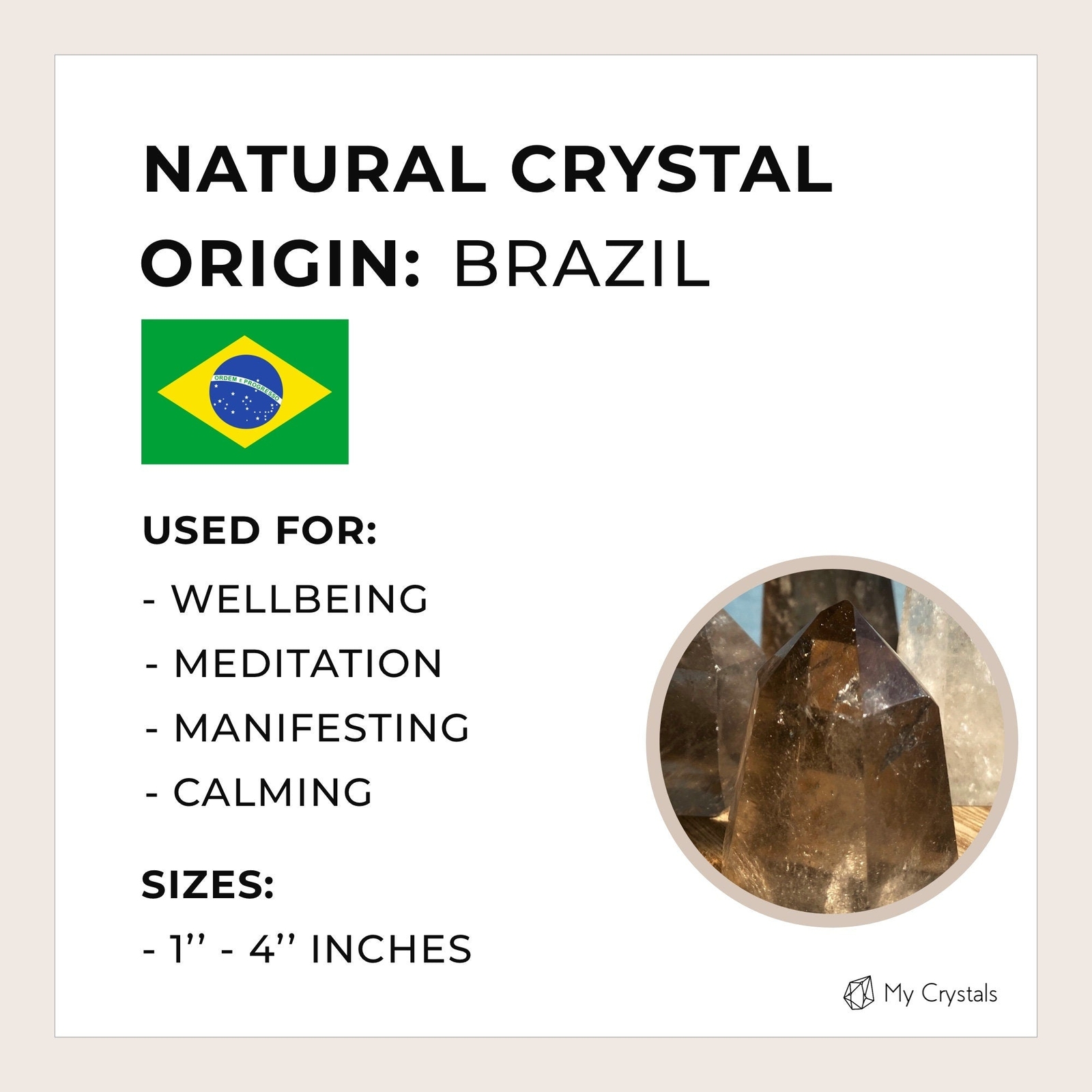 Natural Smoky Quartz Wand Point Crystal – Genuine Healing Crystals from Brazil