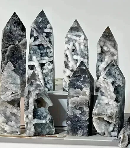 Natural Black Sphalerite Tower Point Obelisk Druzy Geode Healing Crystal Quart