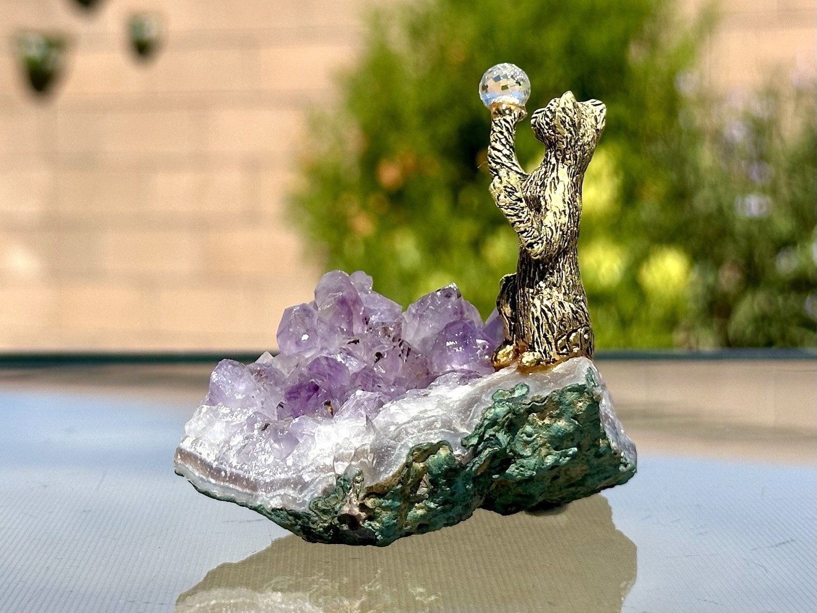 Amethyst Crystal Cluster Geode Slice w/ Brass Metal Cat Figurines Natural Quartz
