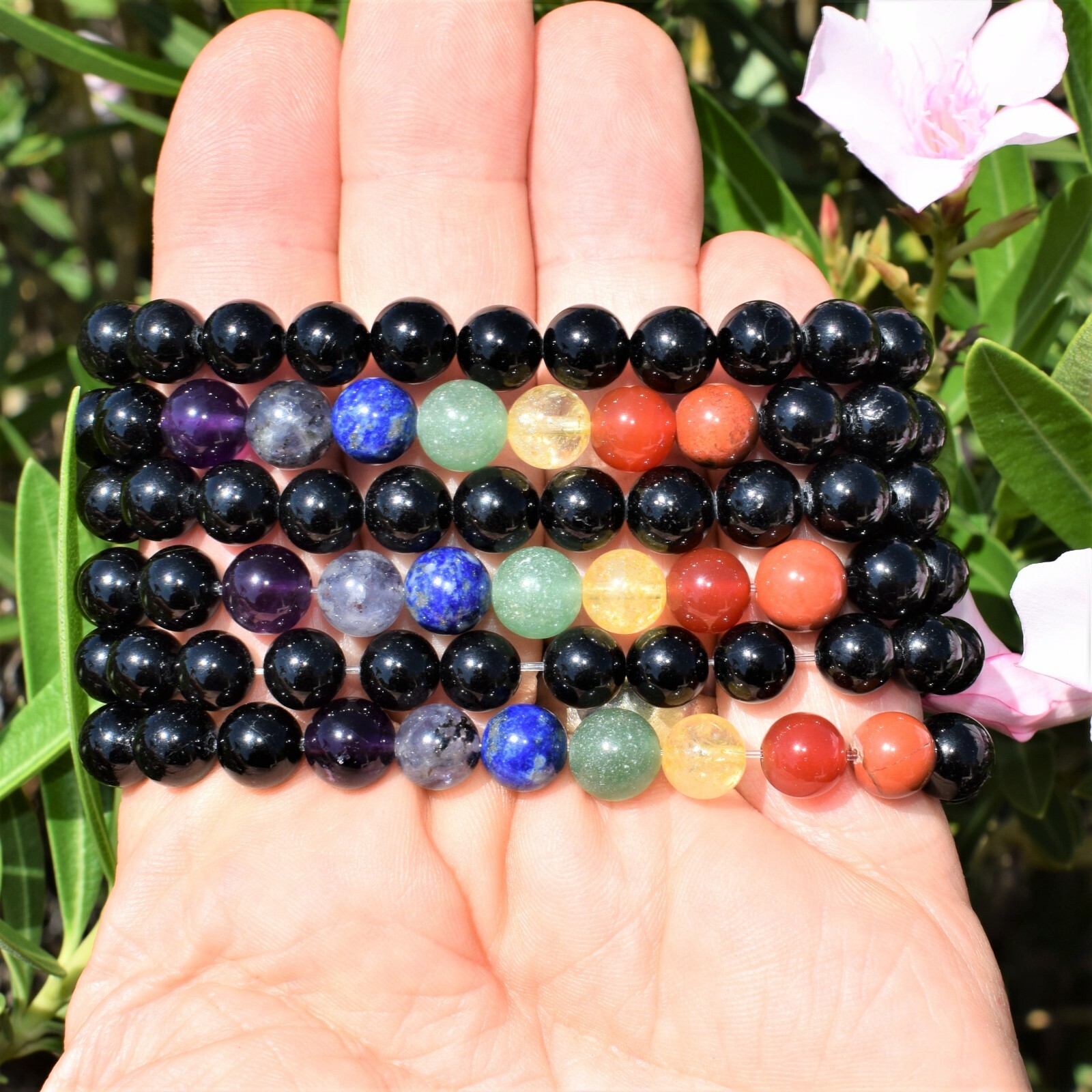 CHARGED Black Tourmaline & 7 Chakra Crystals Stretchy Bracelet + Selenite Heart