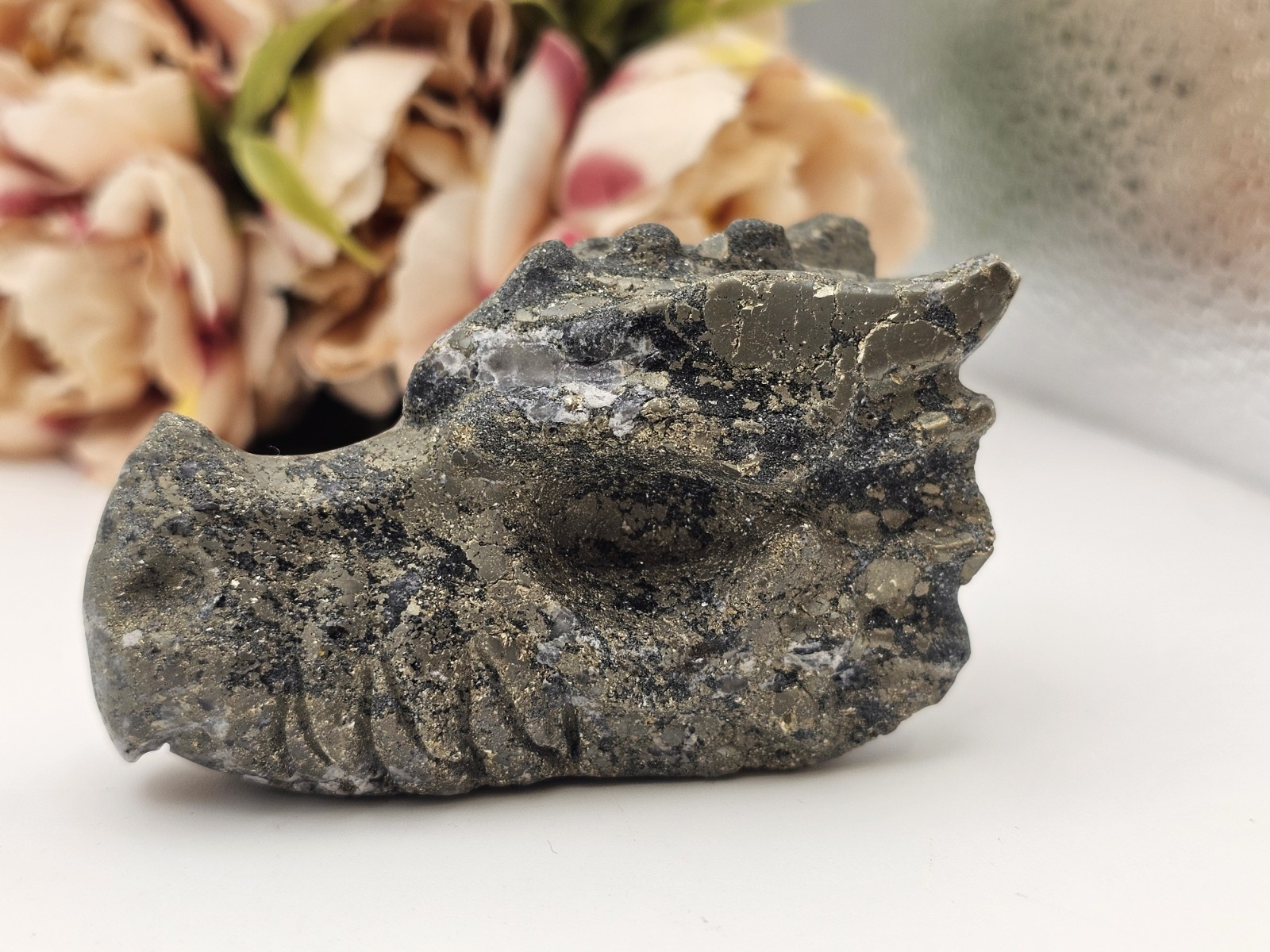 Pyrite crystal Dragon head Carving 6.7 X 4cm 193g Abundance Wealth