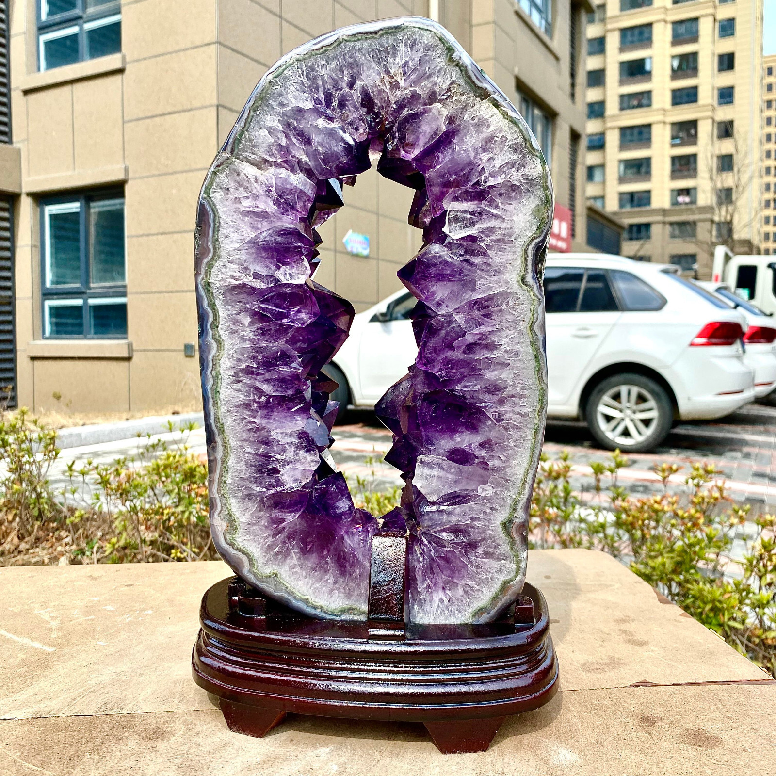 18.44LB Natural Amethyst Cave Crystal Slice Crescent shaped Hand Cut Repai