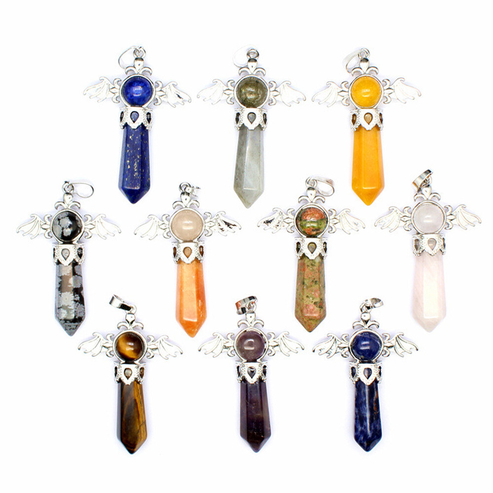 Natural Angel Wing Crystal Point Hexagonal Column Pendant Bead Stone Healing New