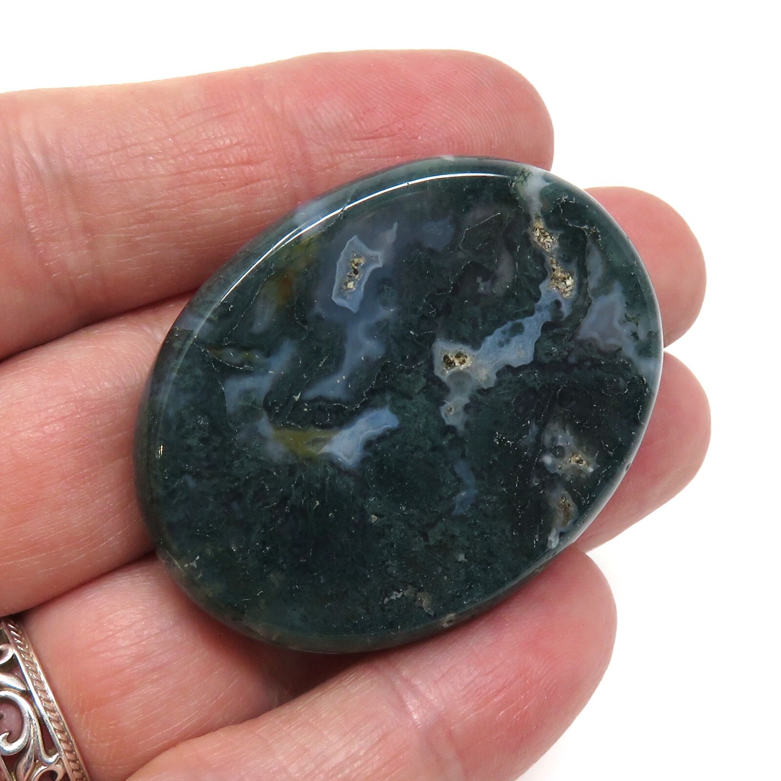 Moss Agate Worry Stone #616- 45mm x 35mm x 9mm – Pocket Stone