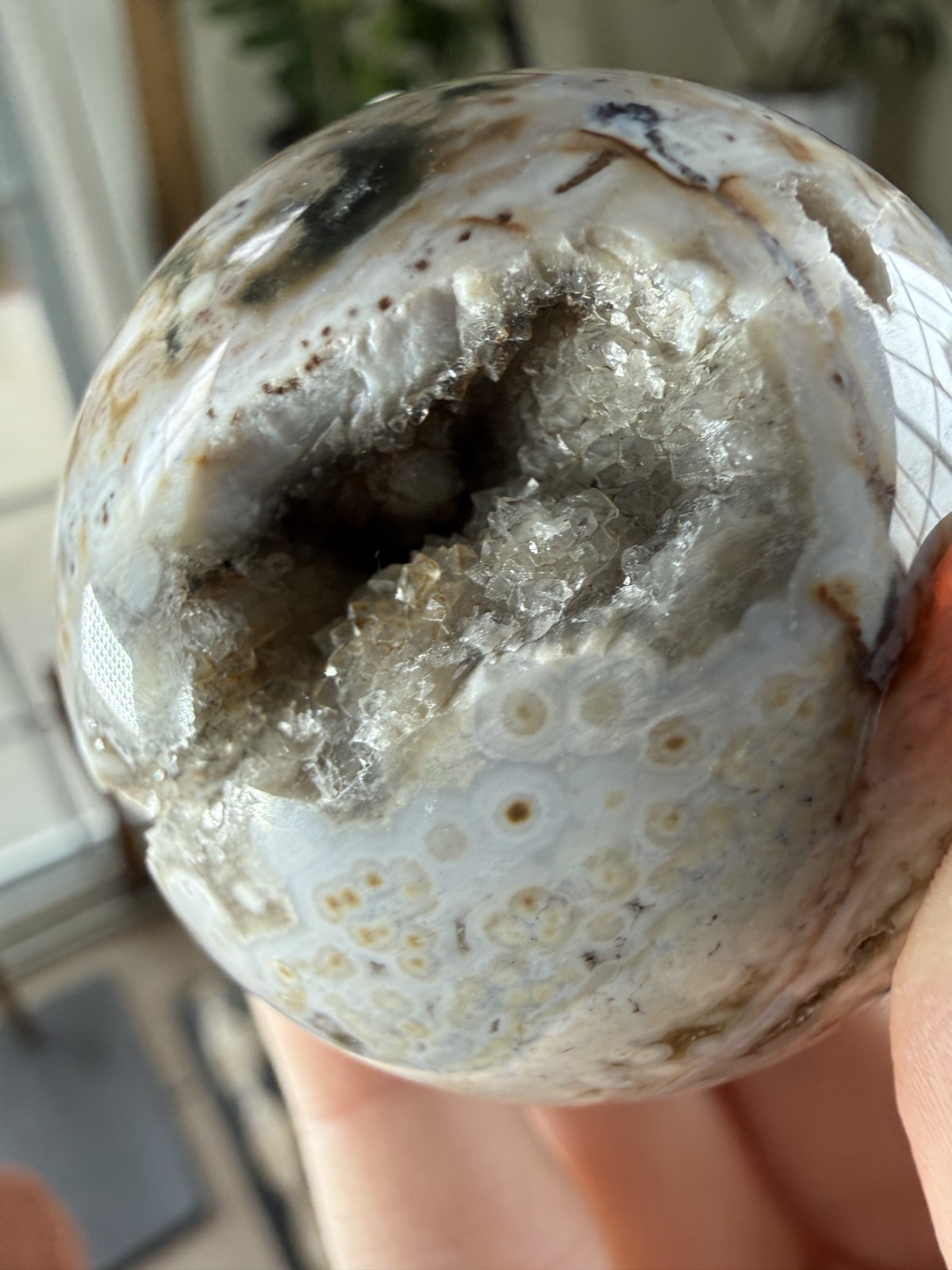 8th Vein Ocean Jasper Sphere – Druzy Sparkly – Green, Beige & White – 3.56oz