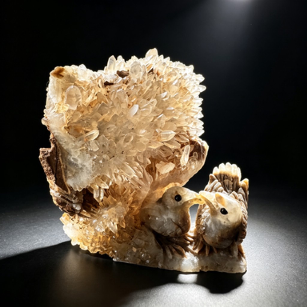 Hand Carved Crystal Cluster Bird Figurine – Natural Raw Stone Desk Decor Sculptu