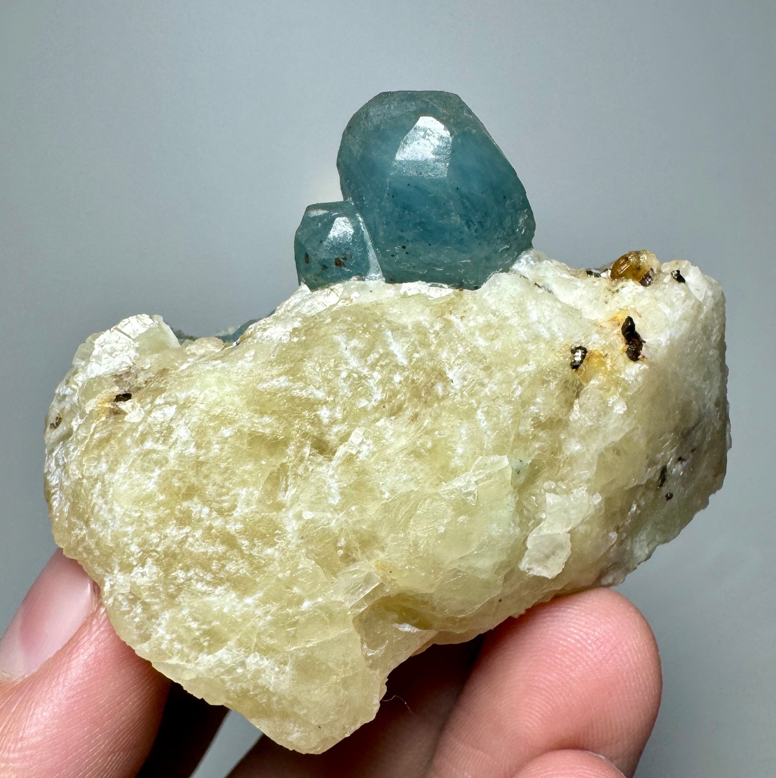 78 Grams Full Terminated Top Fluorescent Sky Blue Afghanite Crystals On Calcite