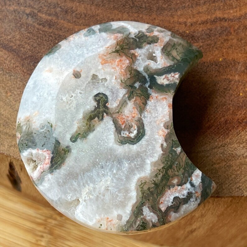 Natural Moss Agate Moon Crystal Carving W/Green Pink Moss & White Quartz