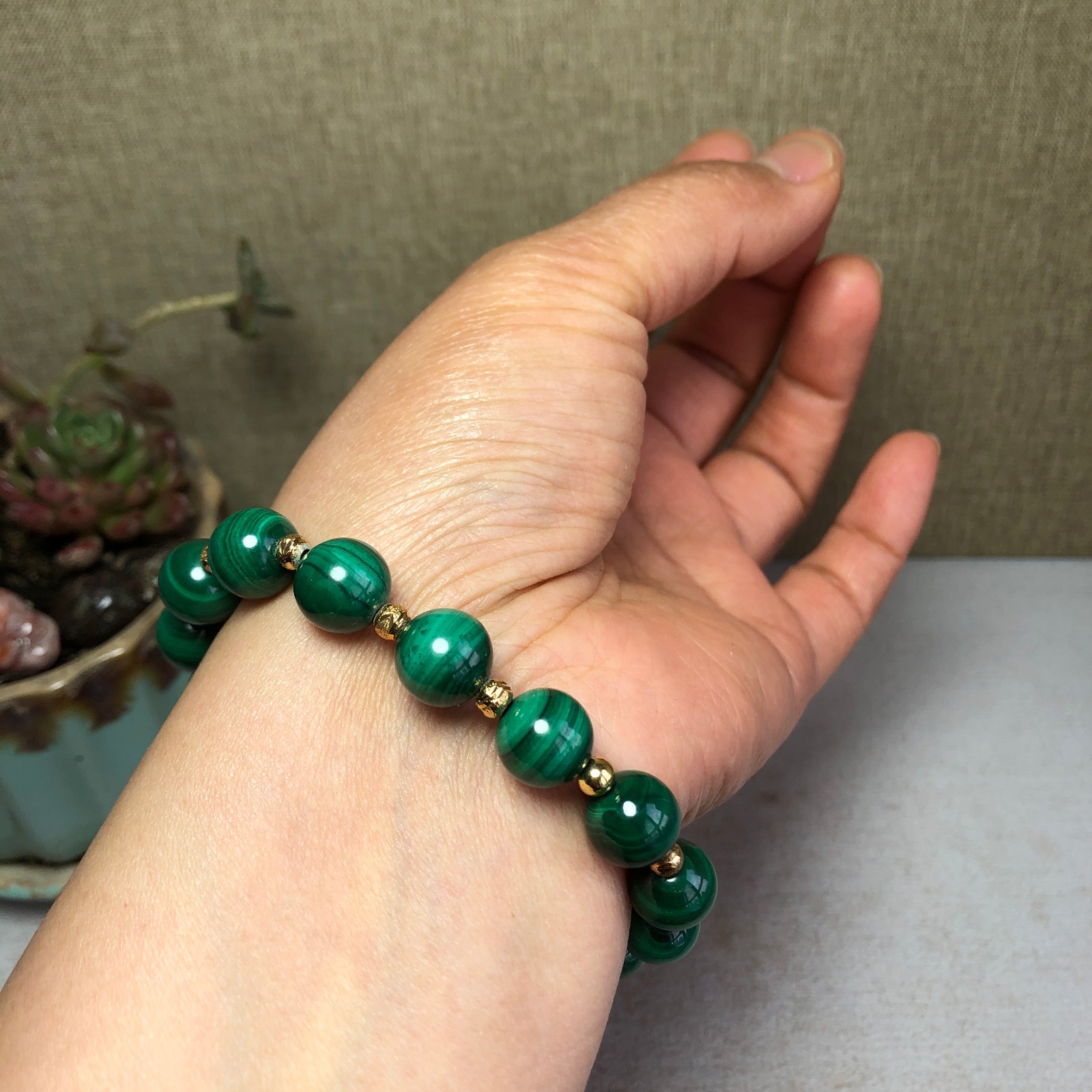 12mm Natural malachite gemstone Crystal chain beads bracelet 38-39g A4100
