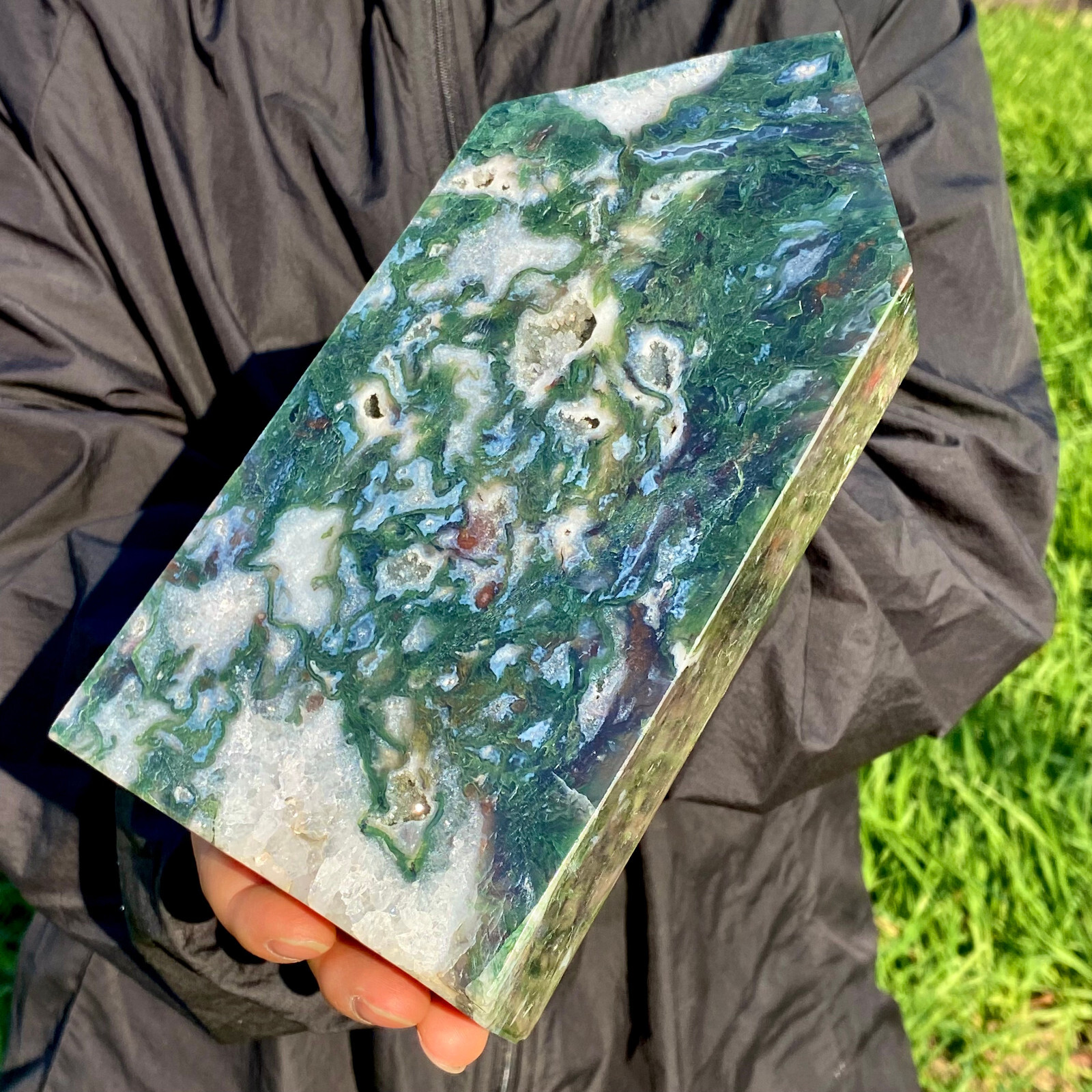 3.5LB Large Natural green druzy moss agate quartz obelisk crystal aura healing