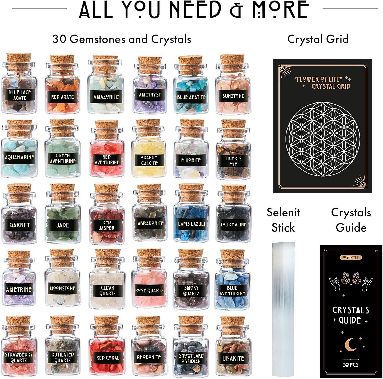 Healing Crystals in Jars 30 PCS – Crystals for Witchcraft – Real Witch Crystals