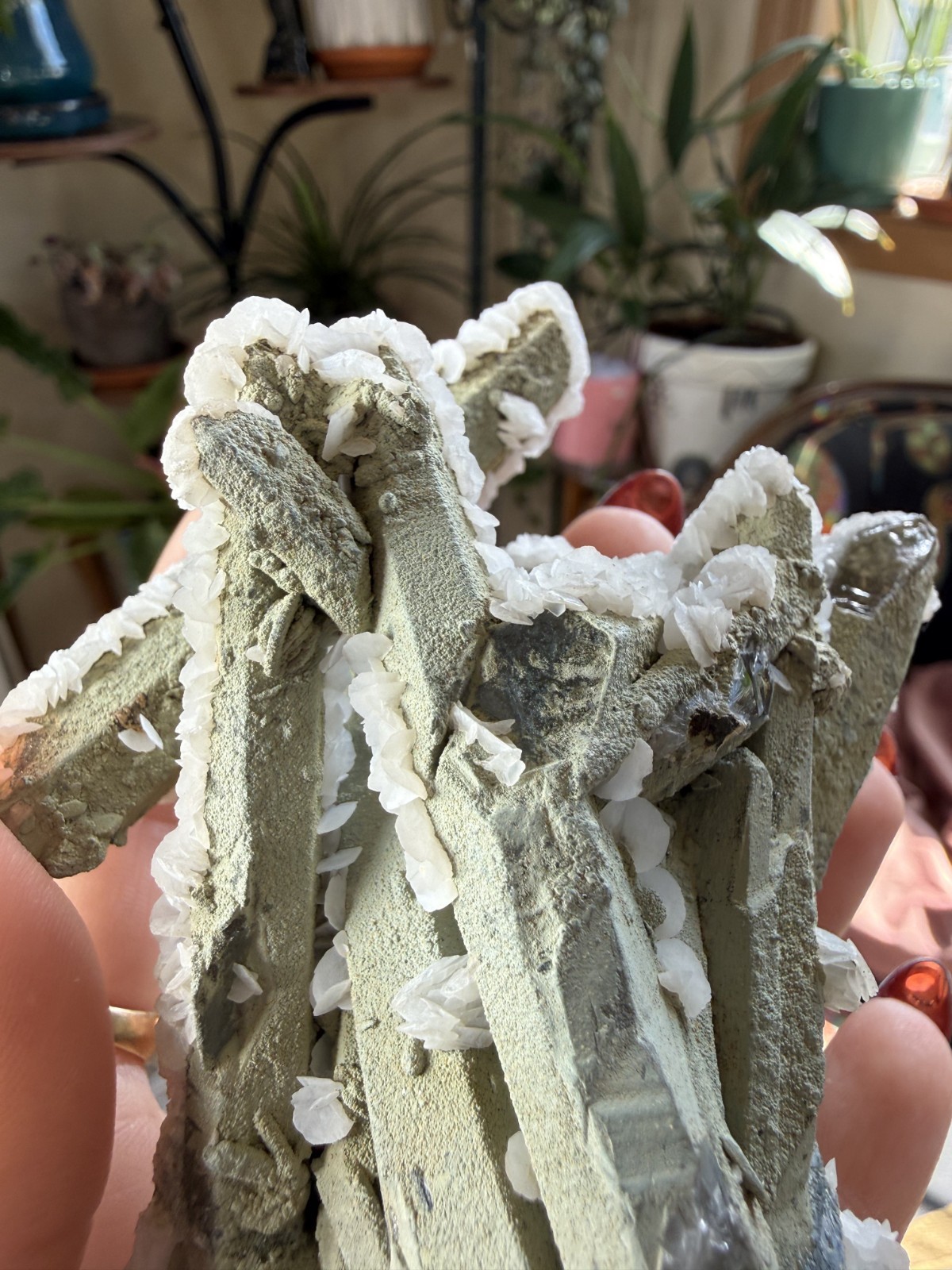 Green Chlorite Quartz Cluster with White Petal Calcite – Inner Mongolia, China
